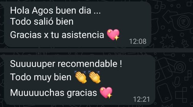 Mensaje de WhatsApp de Gabriela: Todo salió bien, gracias por tu asistencia. El hotel, ¡súper recomendable! Muchísimas gracias.